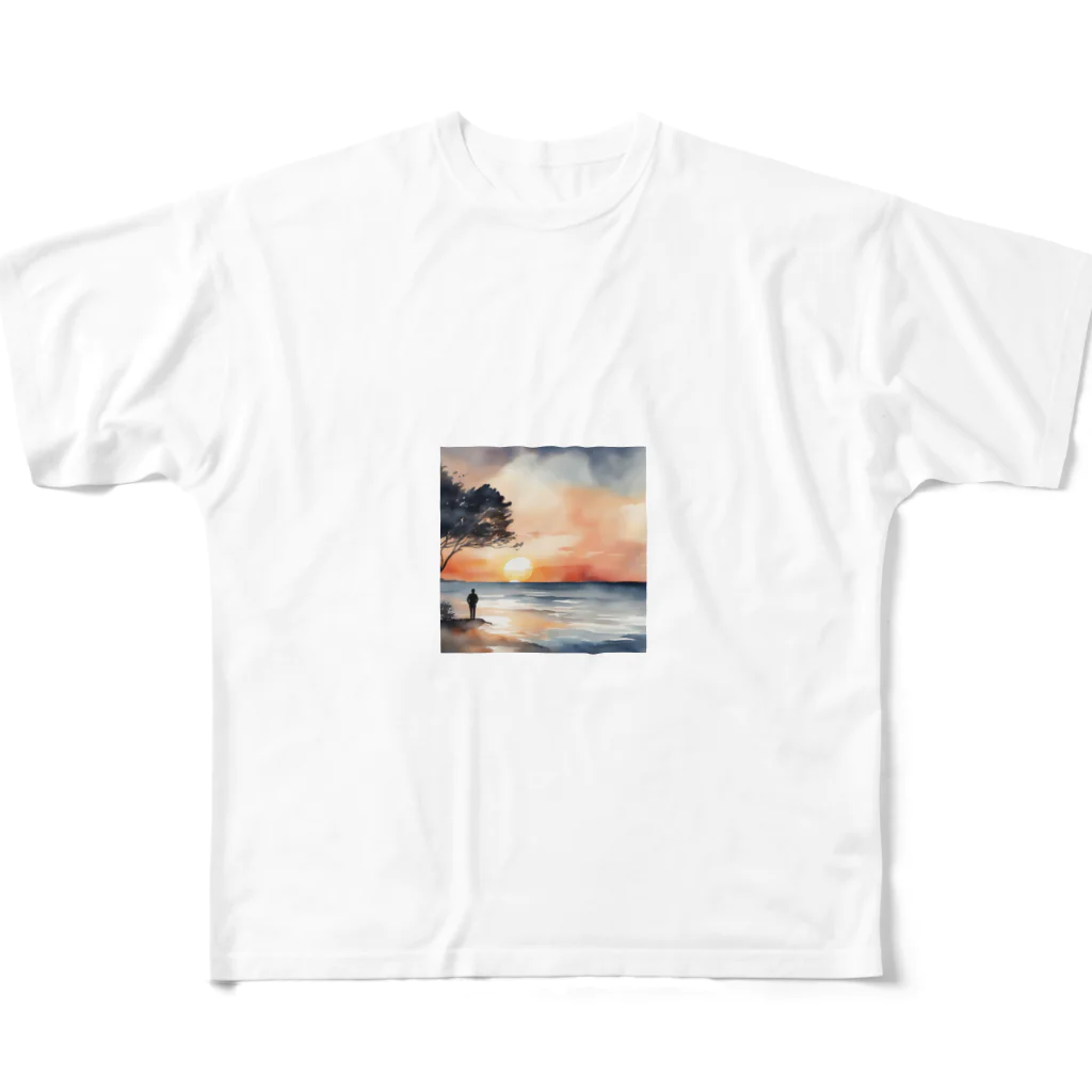 古賀新太郎の夕日に染まる海を背 フルグラフィックTシャツ