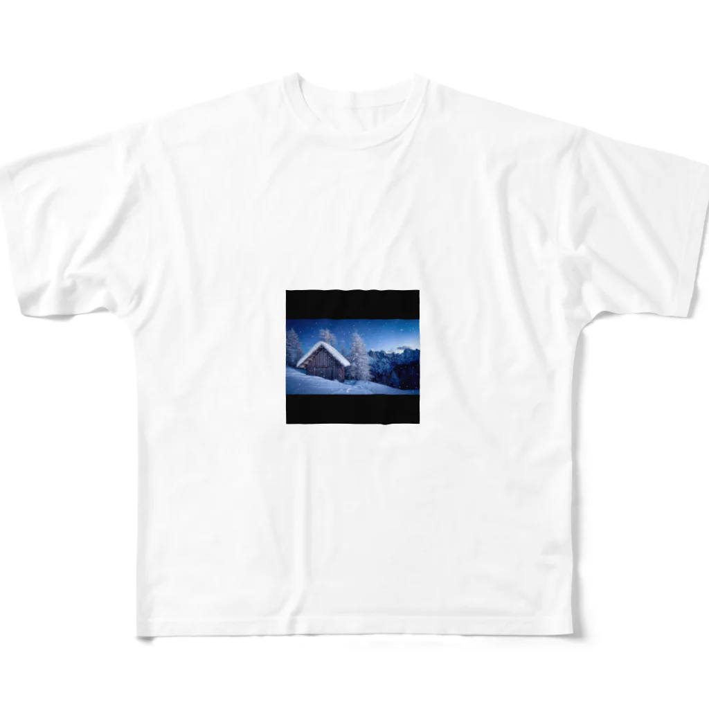 Twilight Lofi MelodiesのA snow-covered lodge  フルグラフィックTシャツ