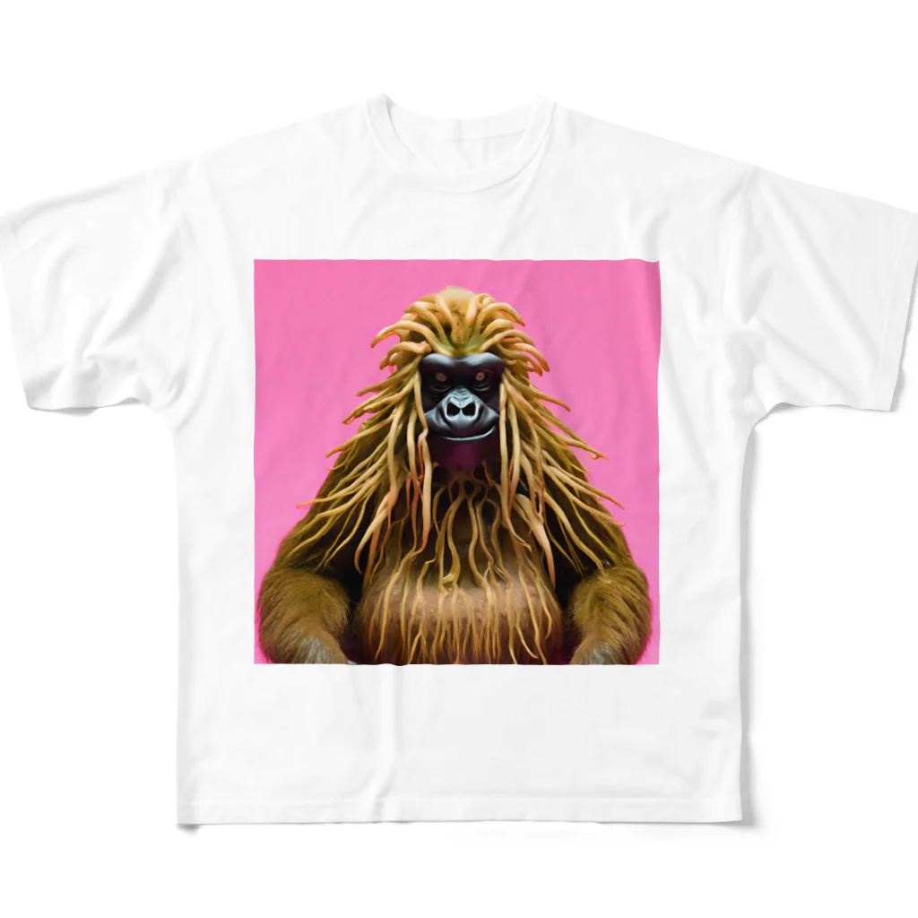 enjoy lifeのイカゴリラ1ピンク フルグラフィックTシャツ
