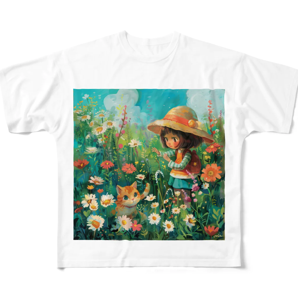 AQUAMETAVERSEのお花畑に囲まれる猫ちゃんと私 アメジスト 2846 All-Over Print T-Shirt