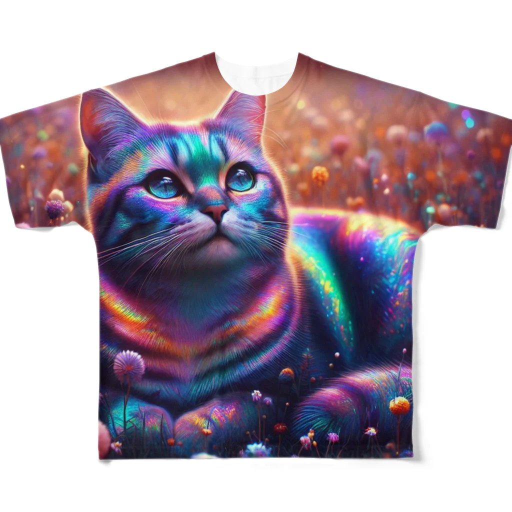 momonekokoの虹色の空を見上げる猫 All-Over Print T-Shirt