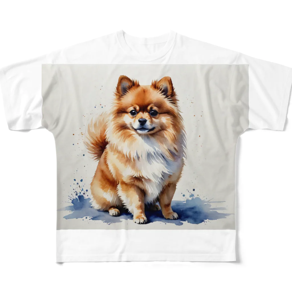 Animal Illustration shopのポメラニアン　Pomeranian　水彩画風 All-Over Print T-Shirt