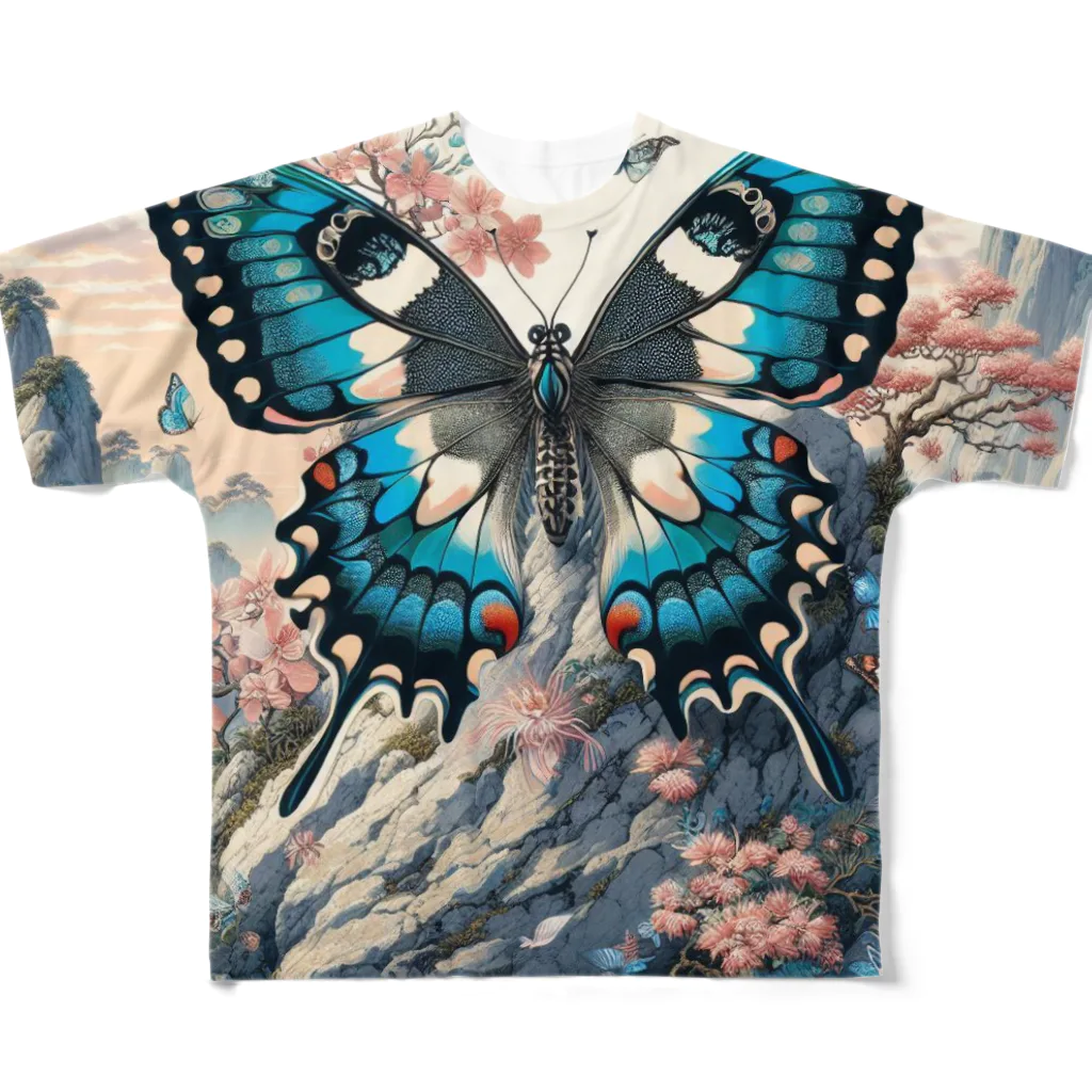 momonekokoの岩場の上で華やかに舞う蝶と咲き誇る花々 All-Over Print T-Shirt