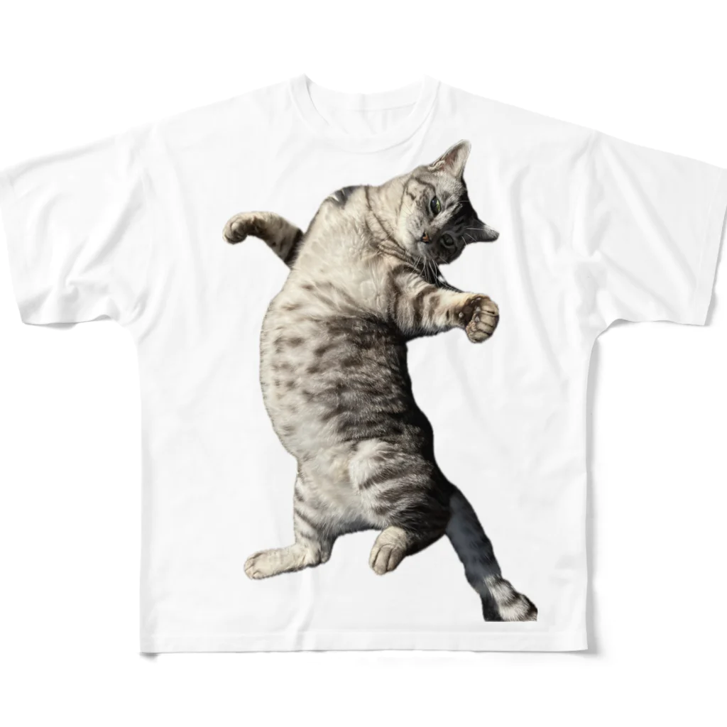 MOCAGOLDのお腹が重くて寝返りが大変な猫 フルグラフィックTシャツ