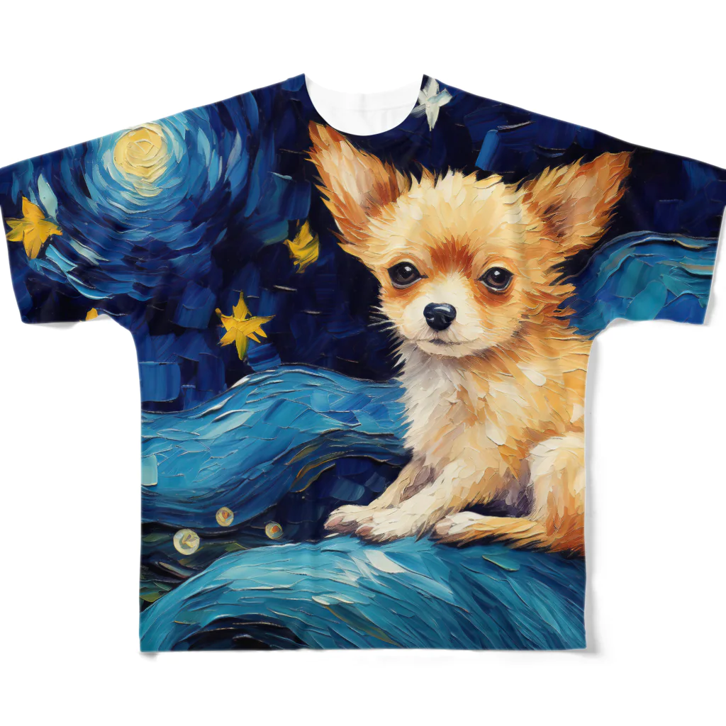 Dog Art Museumの【星降る夜 - チワワ犬の子犬 No.2】 フルグラフィックTシャツ