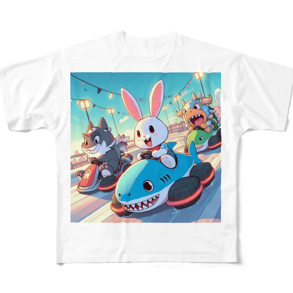 takoyakimagicのカワイイうさぎとクールな牛が、まるでマリオカートのようなスピード感を楽しむカーレース中！ All-Over Print T-Shirt