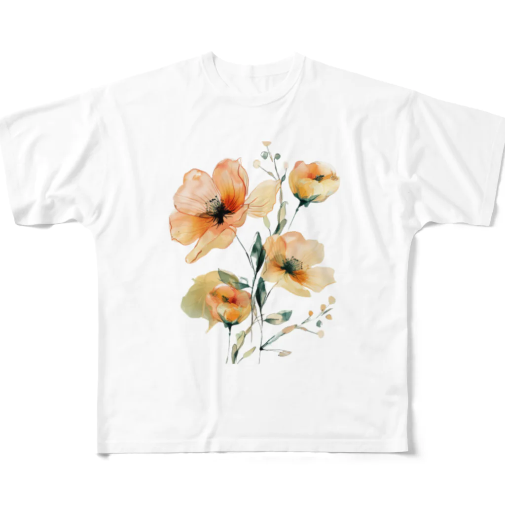 Petia Bloomの水彩風の花イラスト フルグラフィックTシャツ