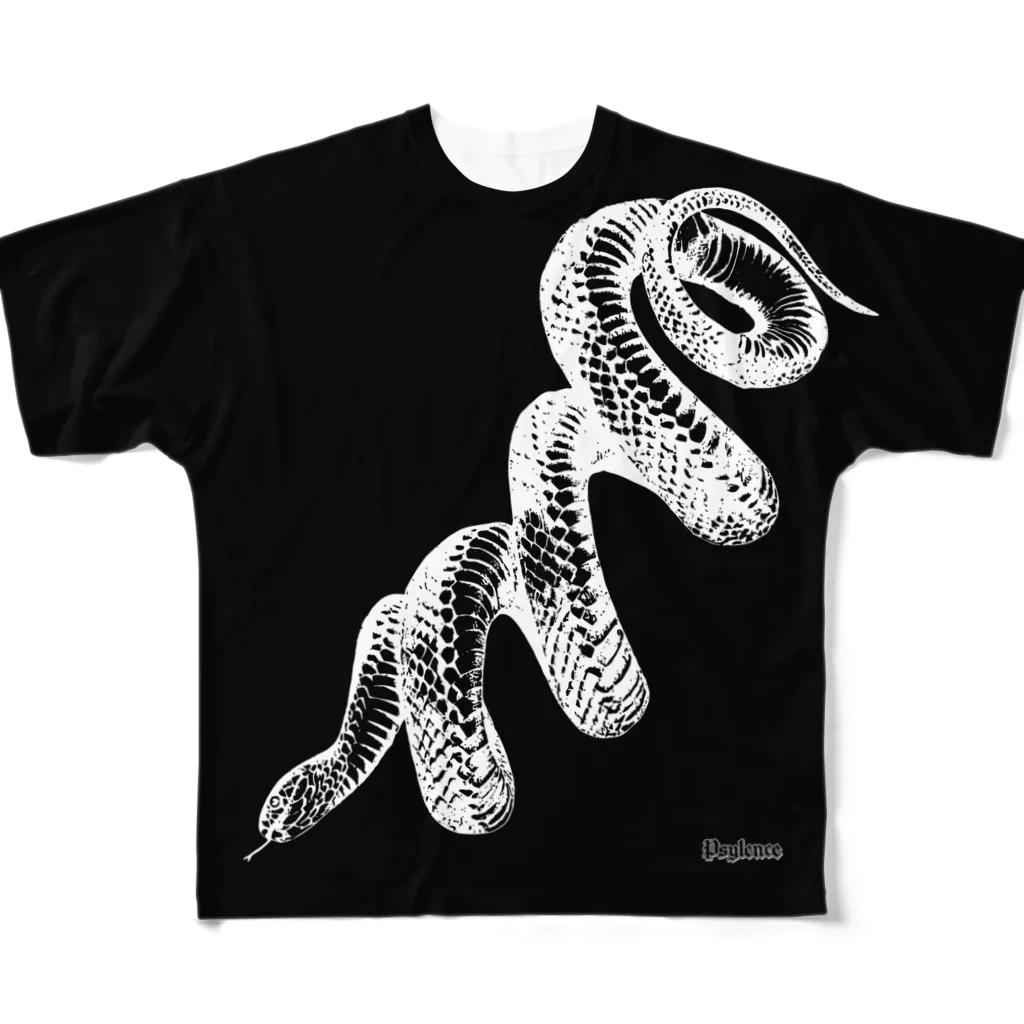 Psylenceの巻き蛇 x 双頭の巻き蛇 モノクロ フルグラフィックTシャツ All-Over Print T-Shirt