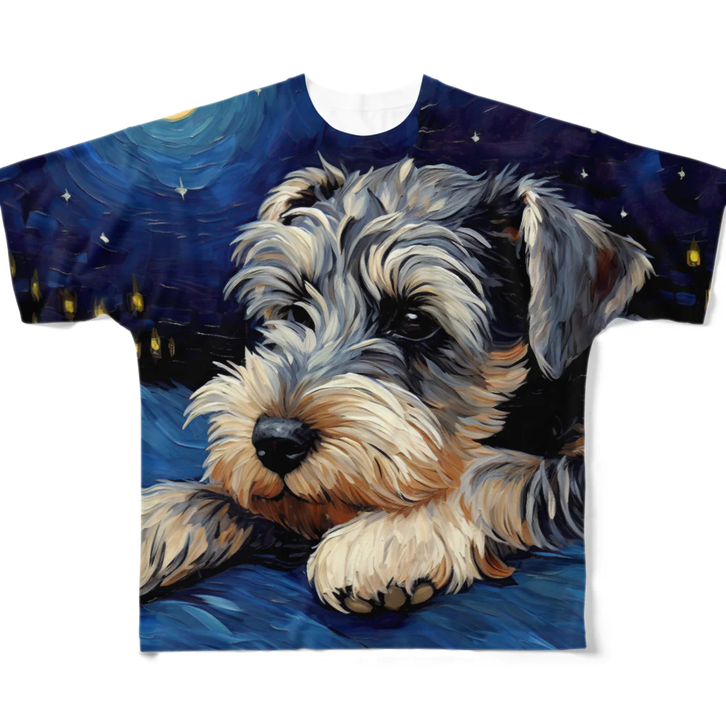 Dog Art Museumの【星降る夜 - シュナウザー犬の子犬 No.1】 フルグラフィックTシャツ