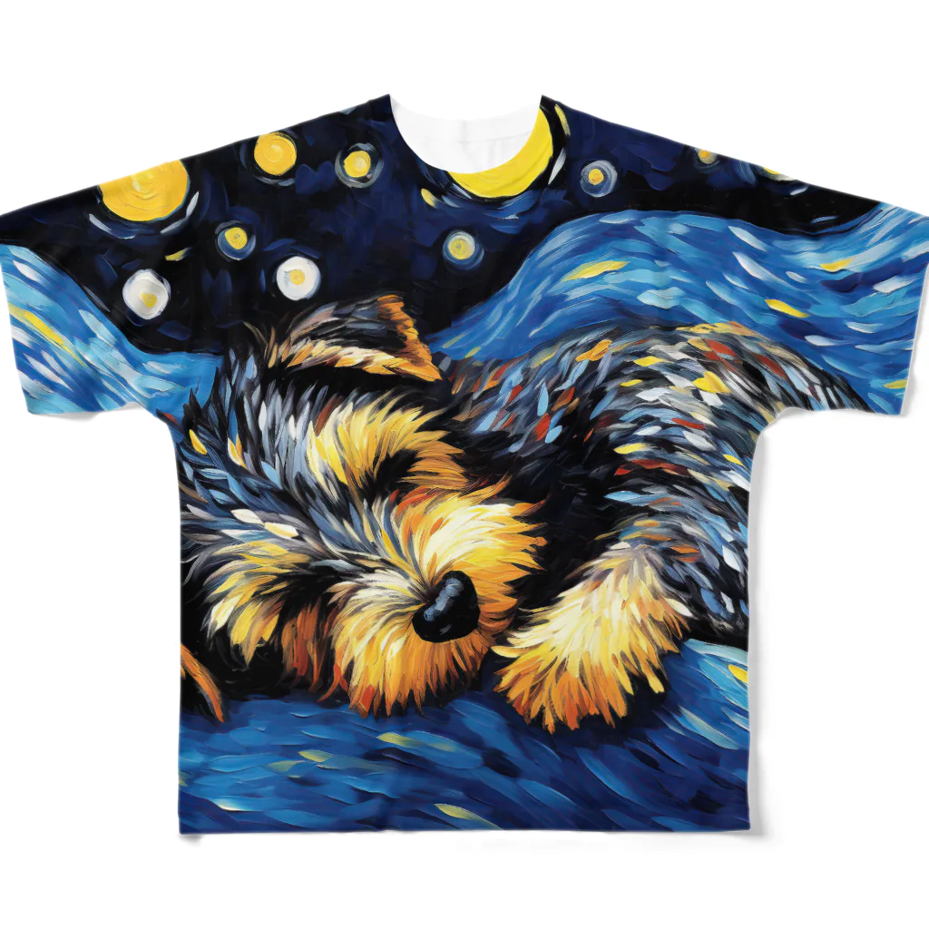 Dog Art Museumの【星降る夜 - シュナウザー犬の子犬 No.2】 All-Over Print T-Shirt