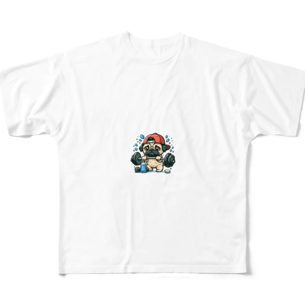 鼻ぺちゃ犬と和猫の筋トレ パグ All-Over Print T-Shirt