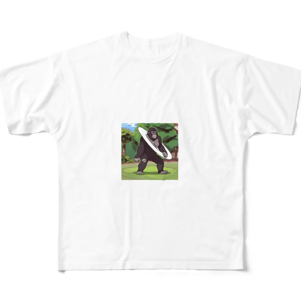 ganeshaのフリスビーをする白黒のゴリラ All-Over Print T-Shirt