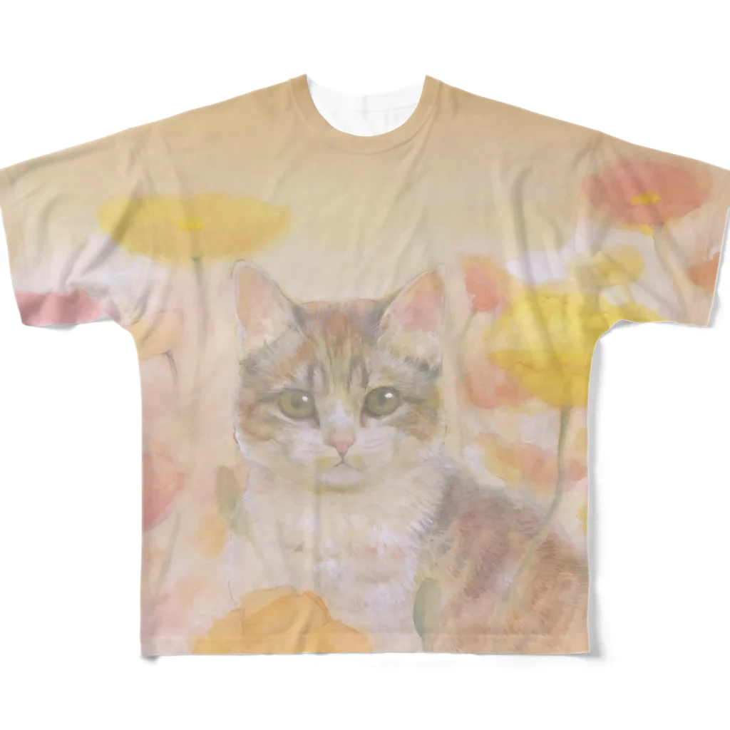 やさしい世界の子猫と花 フルグラフィックTシャツ