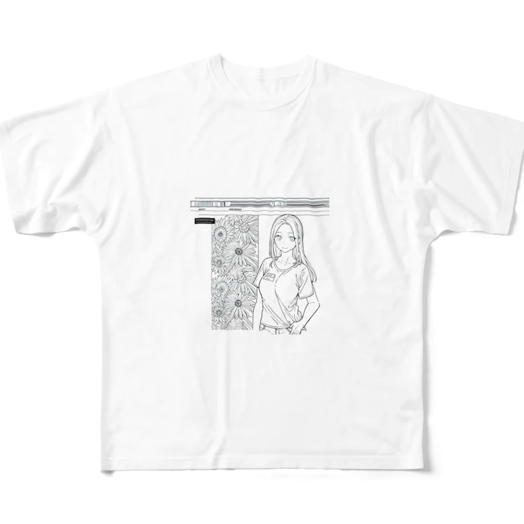 猫集めの爽やかな女性が描かれた線画 All-Over Print T-Shirt