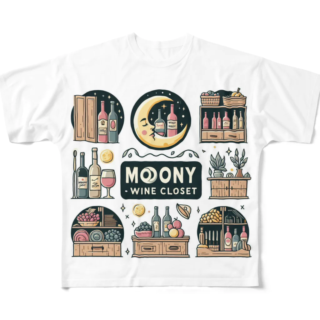 MOONY'S Wine Closetの夢心地な月夜の小さなワイン屋さん フルグラフィックTシャツ