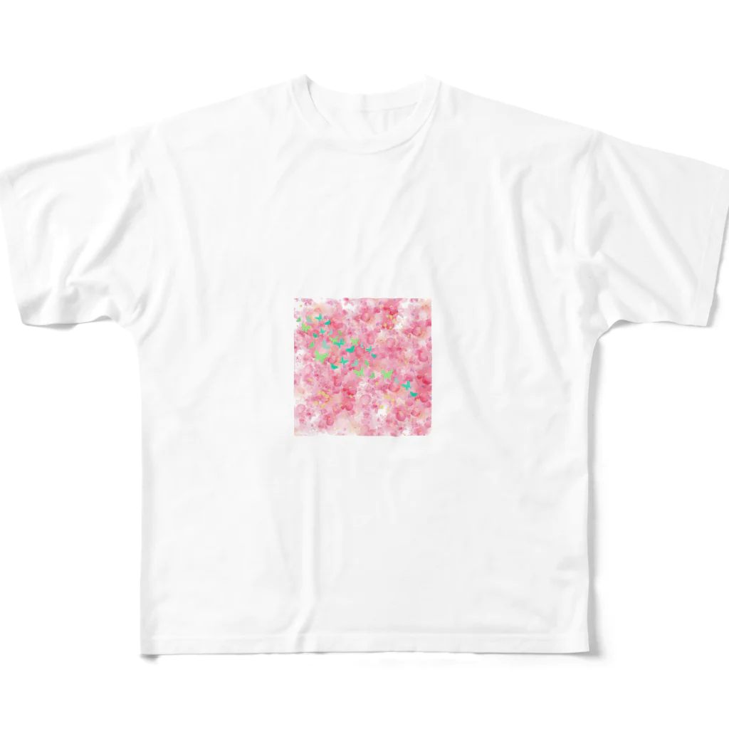 ペコりんショップのピンクフラワーバタフライ フルグラフィックTシャツ