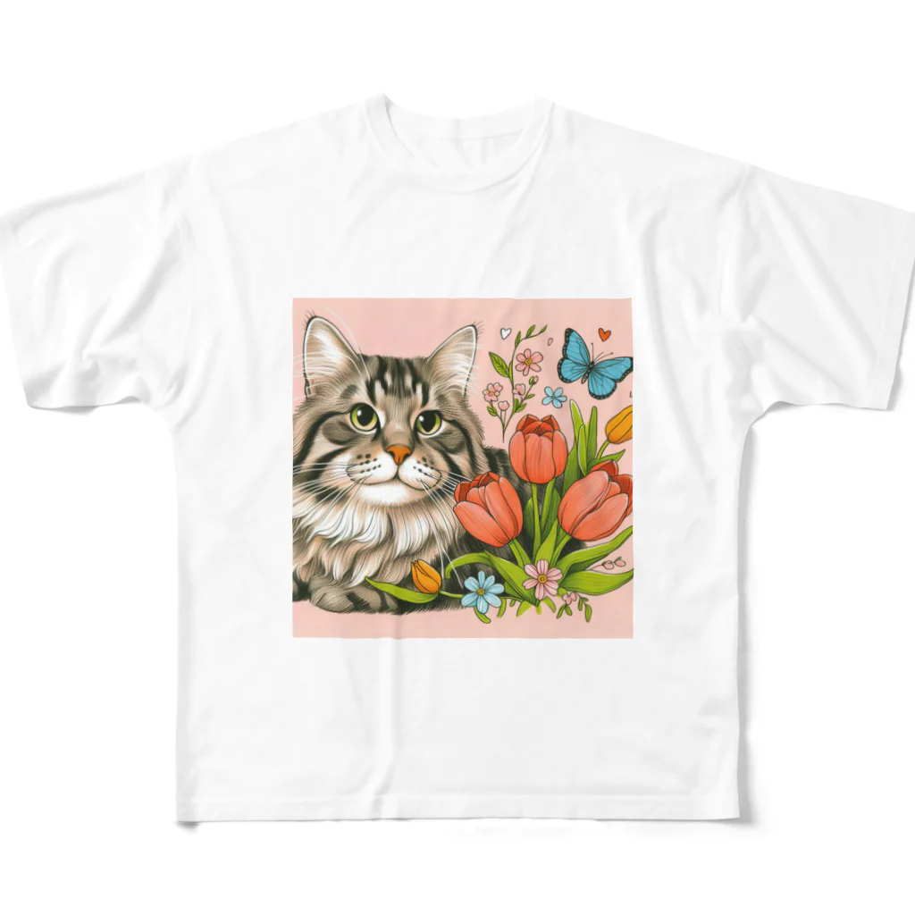 Y m @Y's shopの猫とチューリップ All-Over Print T-Shirt