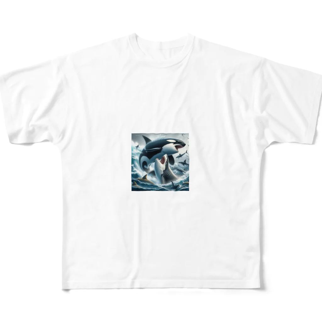 万事屋のシャチとサメが激突！ All-Over Print T-Shirt