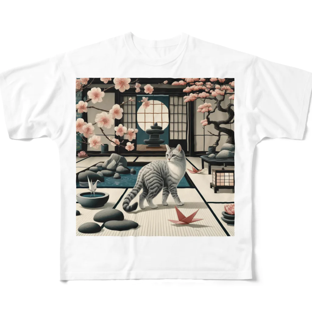 EMAKIの和紋様 x 猫　禅庭園の猫 フルグラフィックTシャツ