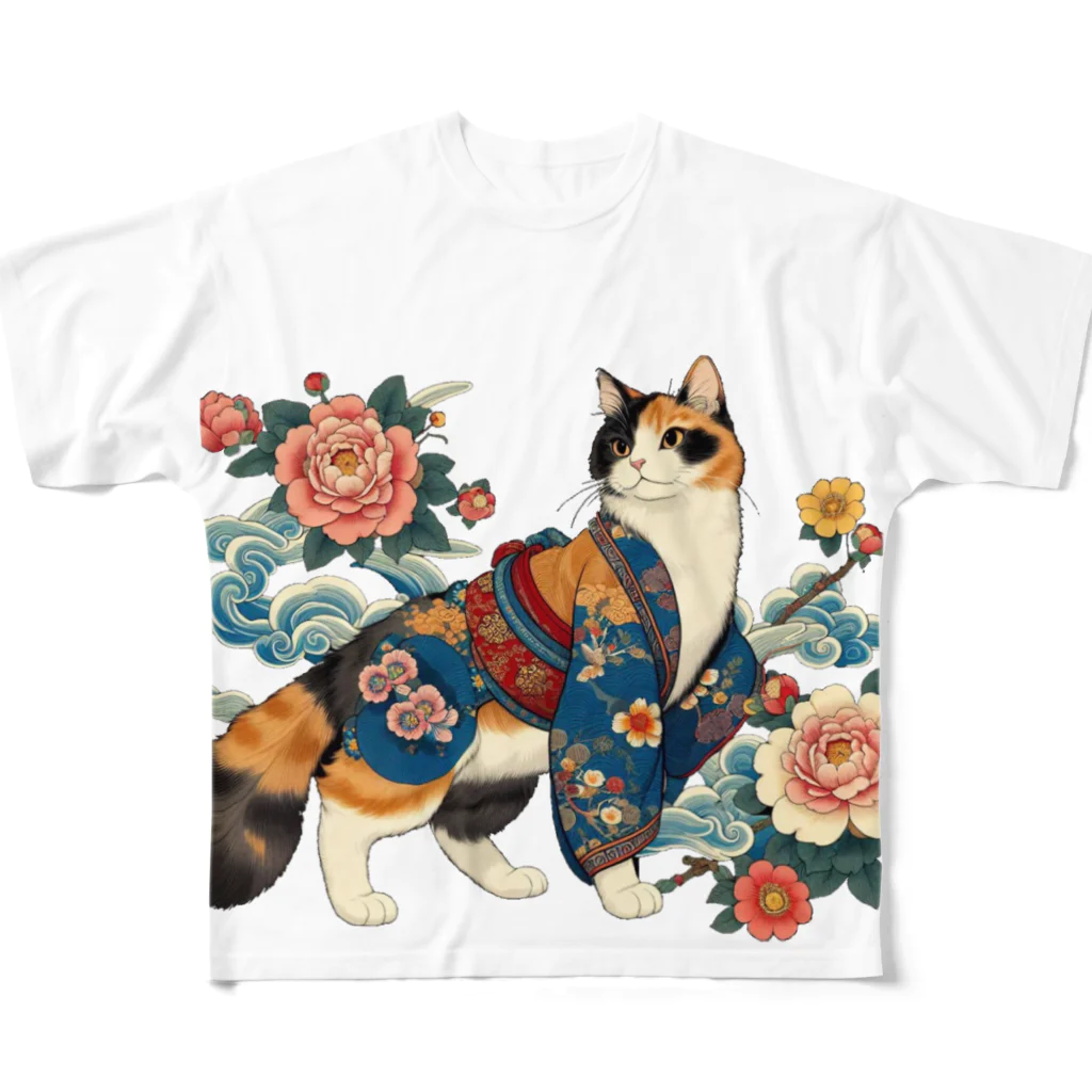 猫LOVE items Noahの猫LOVE items 三毛猫　着物牡丹 フルグラフィックTシャツ