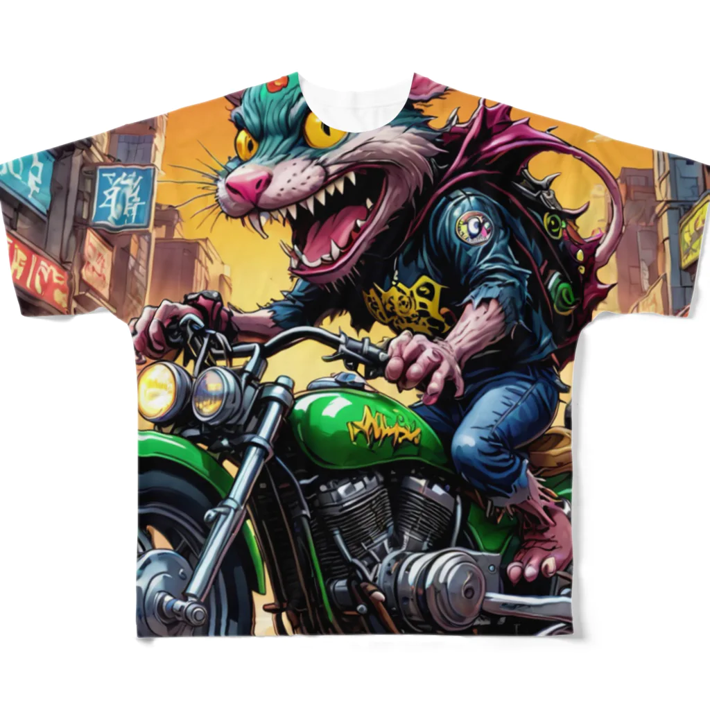 LEAD !のかわいくてクールなモンスターがアメリカンスタイルのバイクに乗っている様子 フルグラフィックTシャツ