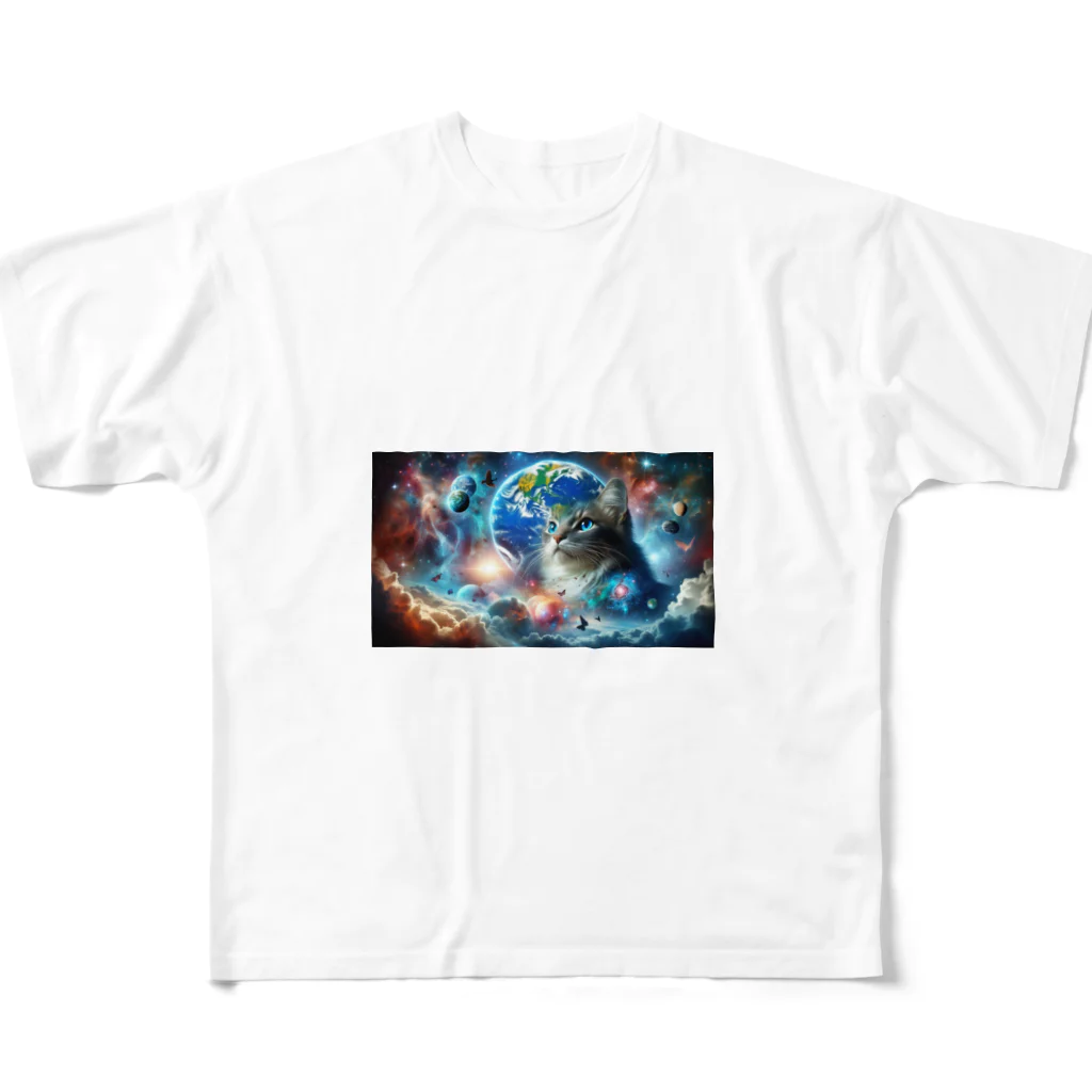 space catの宇宙と一体化猫 フルグラフィックTシャツ