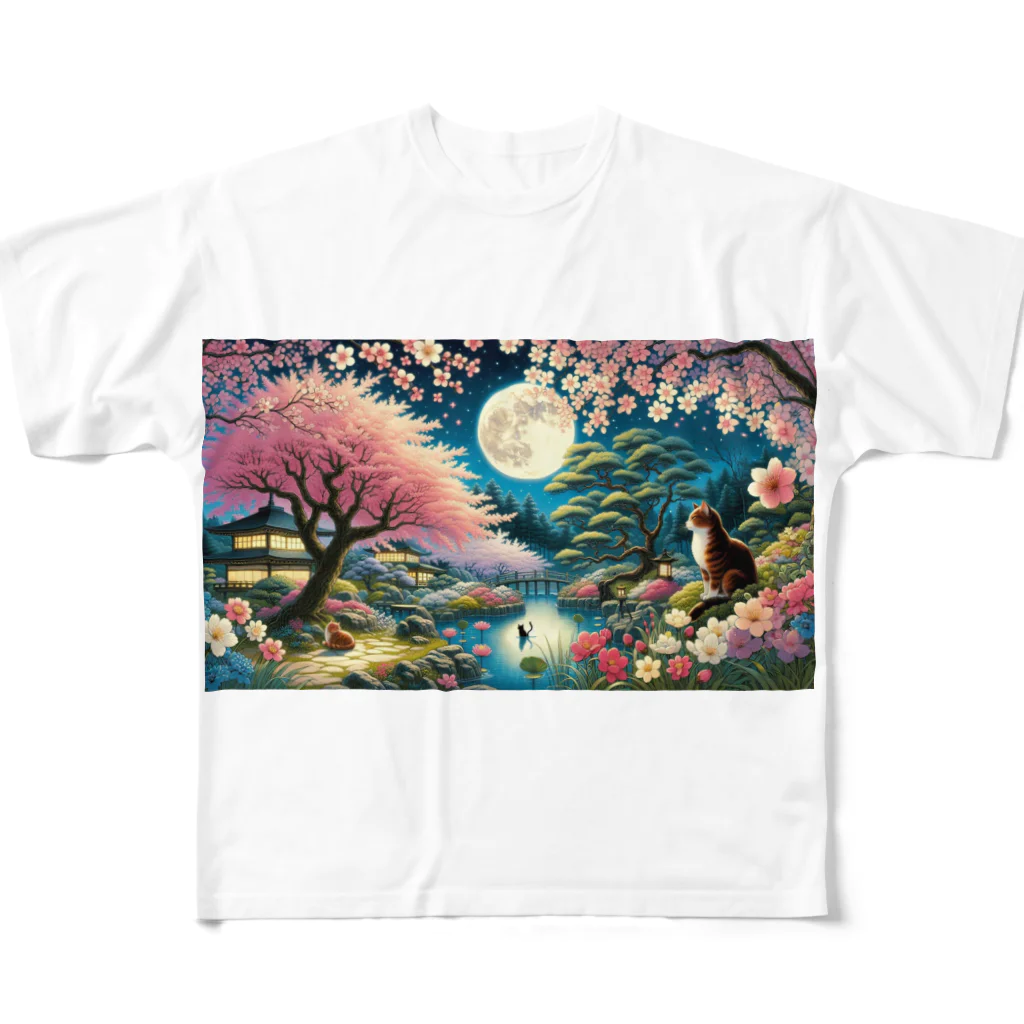 space catの夜桜と猫 All-Over Print T-Shirt