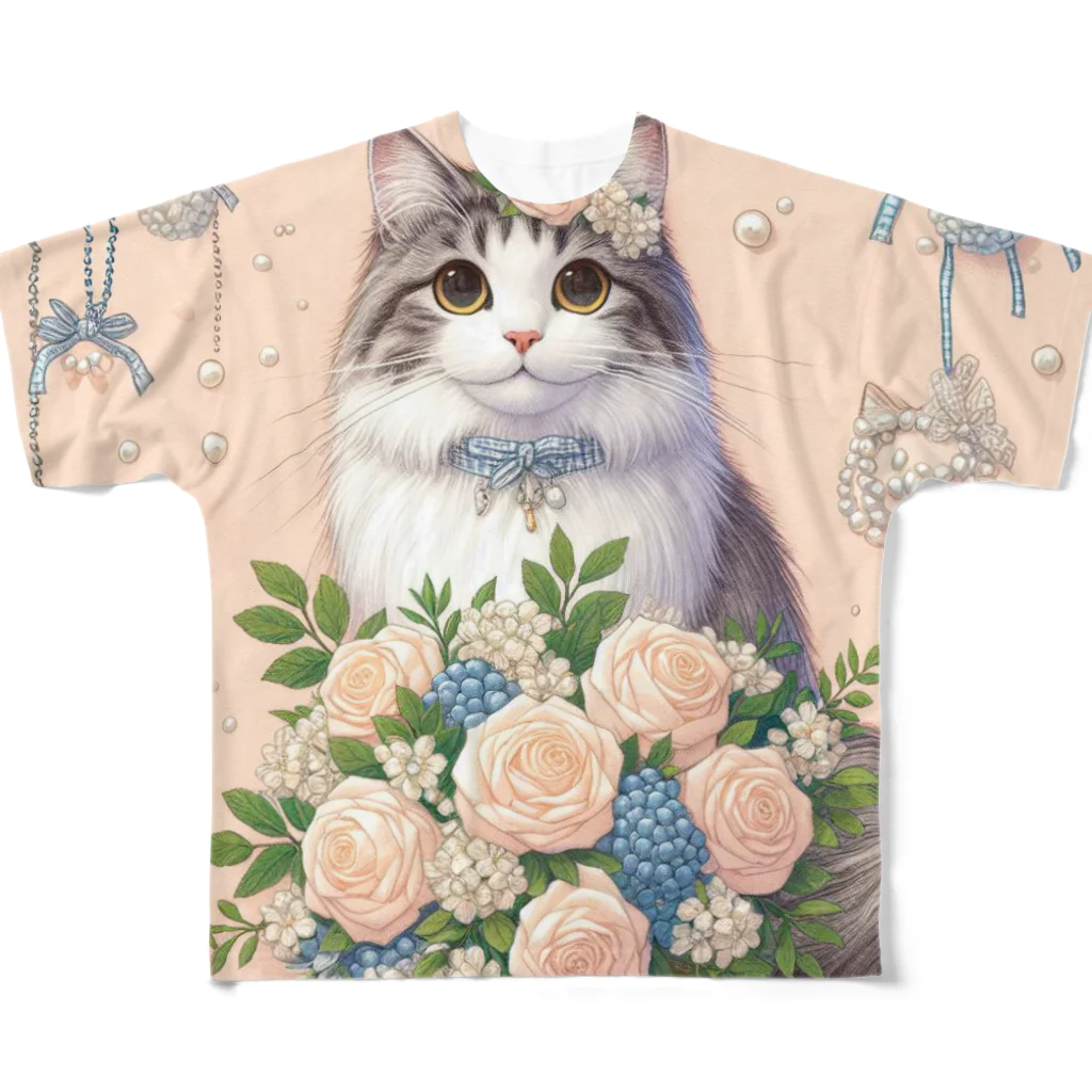 Y m @Y's shopの猫と薔薇　パールver. フルグラフィックTシャツ