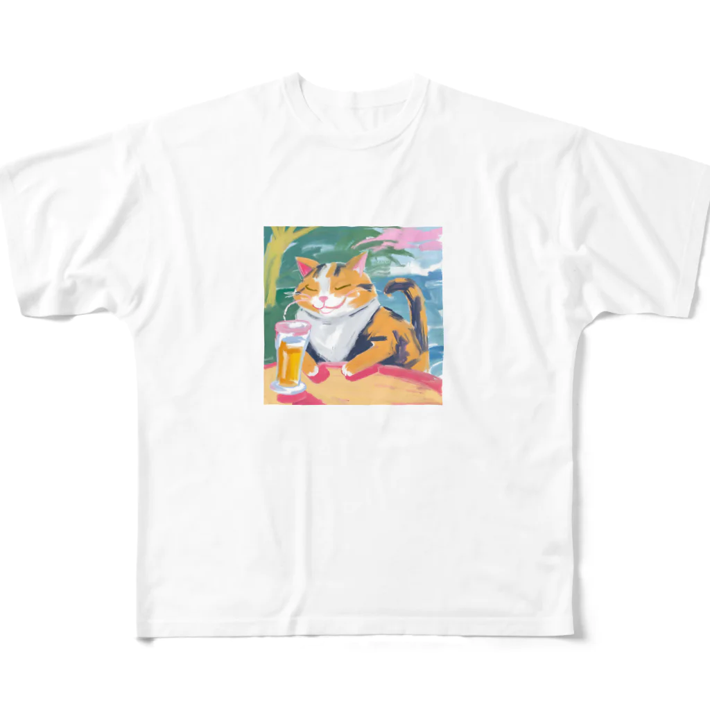 tanather shopのビールを飲んで幸せそうなネコさん All-Over Print T-Shirt