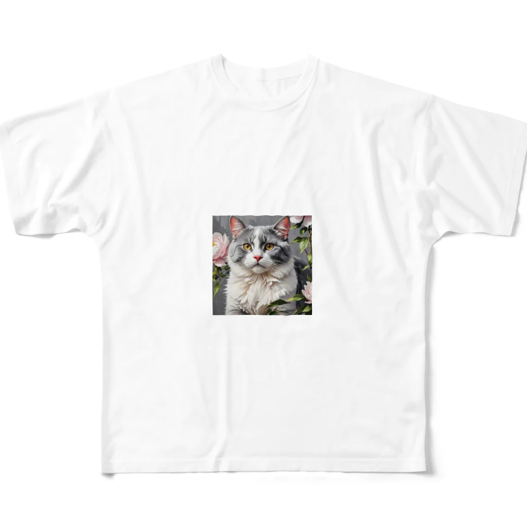 Sunbathingのピオニーと猫 All-Over Print T-Shirt