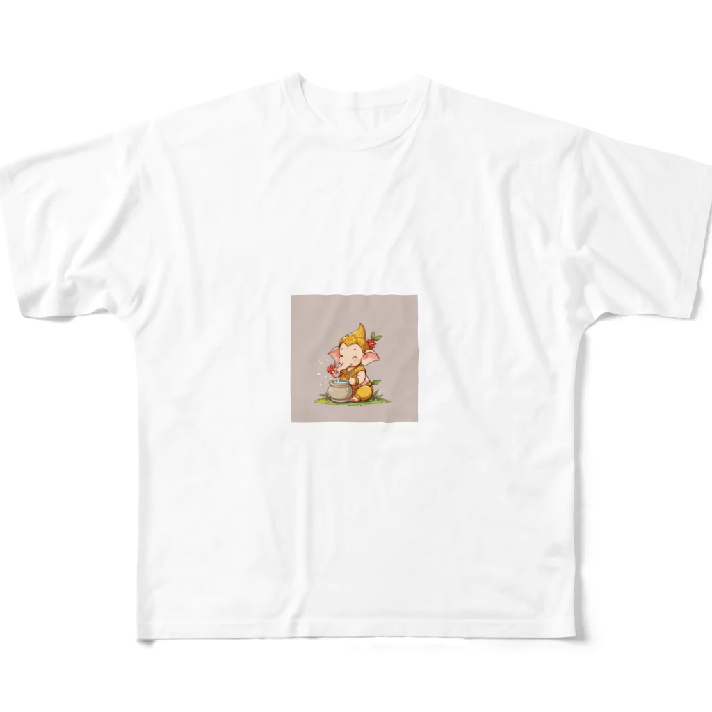 ganeshaのかわいいガネーシャの水やり花 フルグラフィックTシャツ