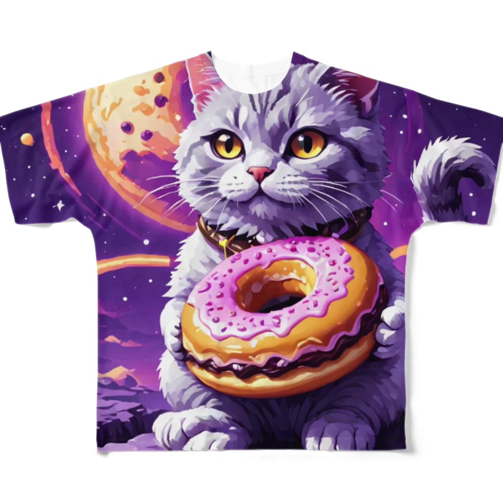 メロンパン猫の土星でドーナツ食べたい フルグラフィックTシャツ
