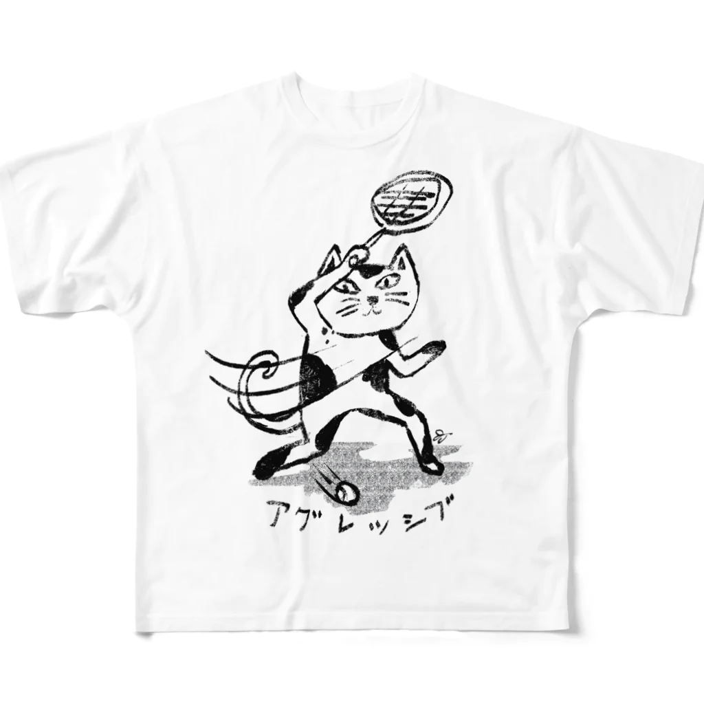 田地川じゅんSZのテニスねこ アグレッシブ フルグラフィックTシャツ