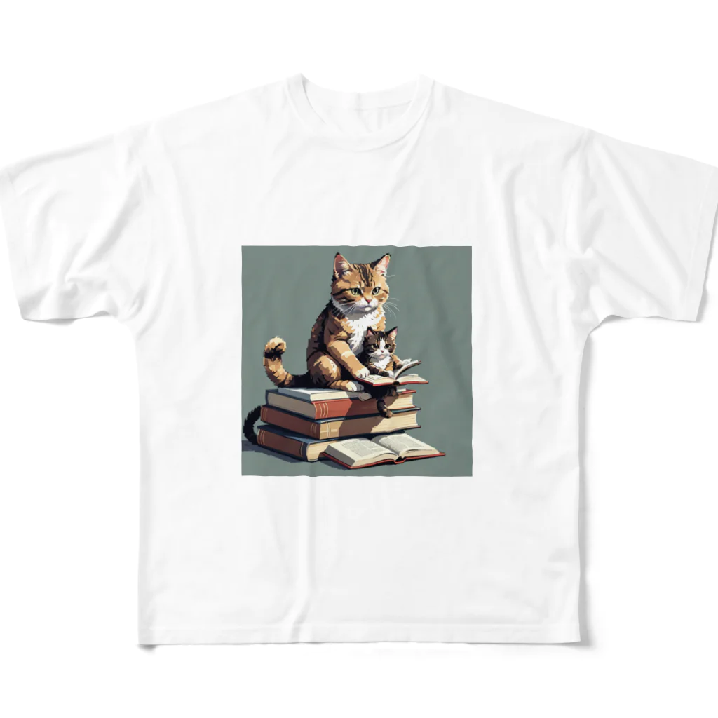 三毛猫shopの本を読む猫 フルグラフィックTシャツ