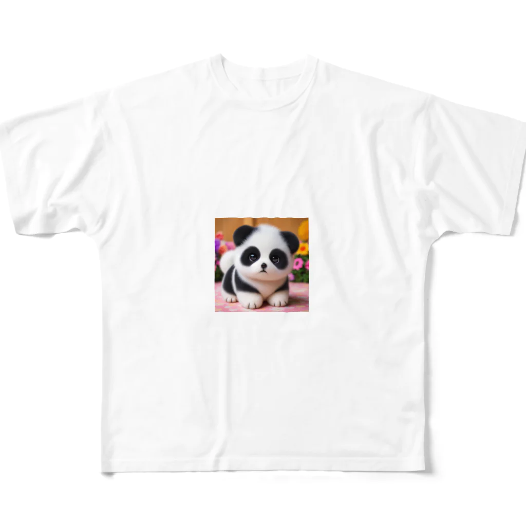 おもしろデザイン/ソロキャンプ/おしゃれ/のパンダふうの秋田犬子犬 フルグラフィックTシャツ