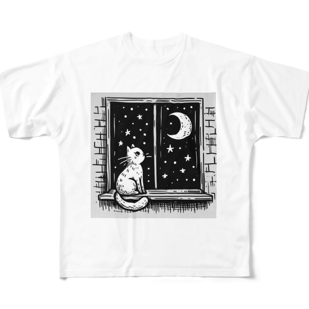 キキの夜空を眺める白猫 フルグラフィックTシャツ