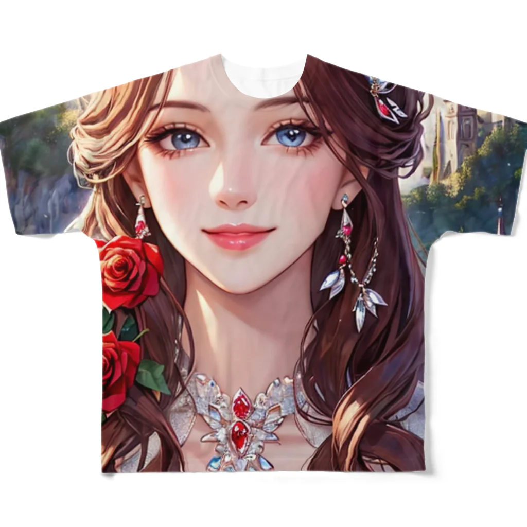 AQUAMETAVERSEの赤い薔薇の髪飾りがステキな王女　BLUE PLUM  691 フルグラフィックTシャツ