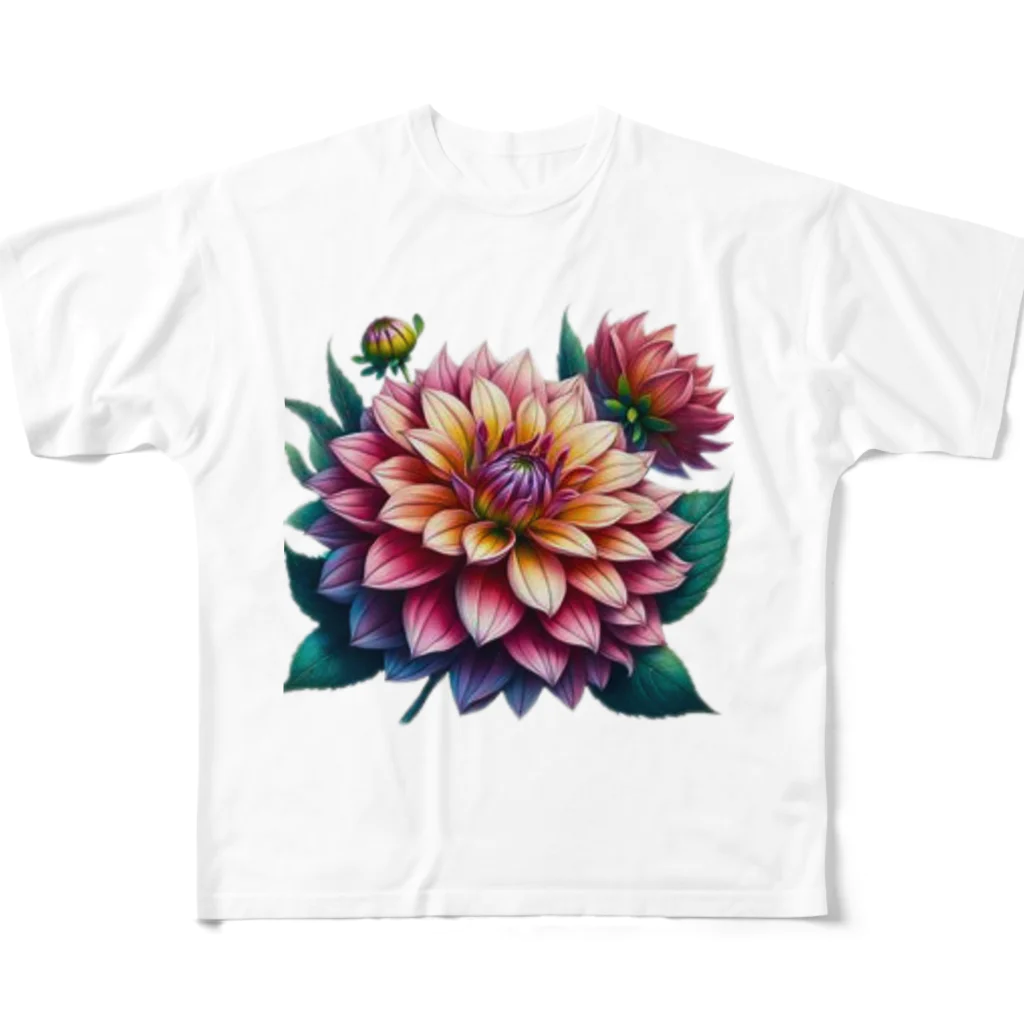 Have-good-luckのふんわりした花「ダリア」 フルグラフィックTシャツ