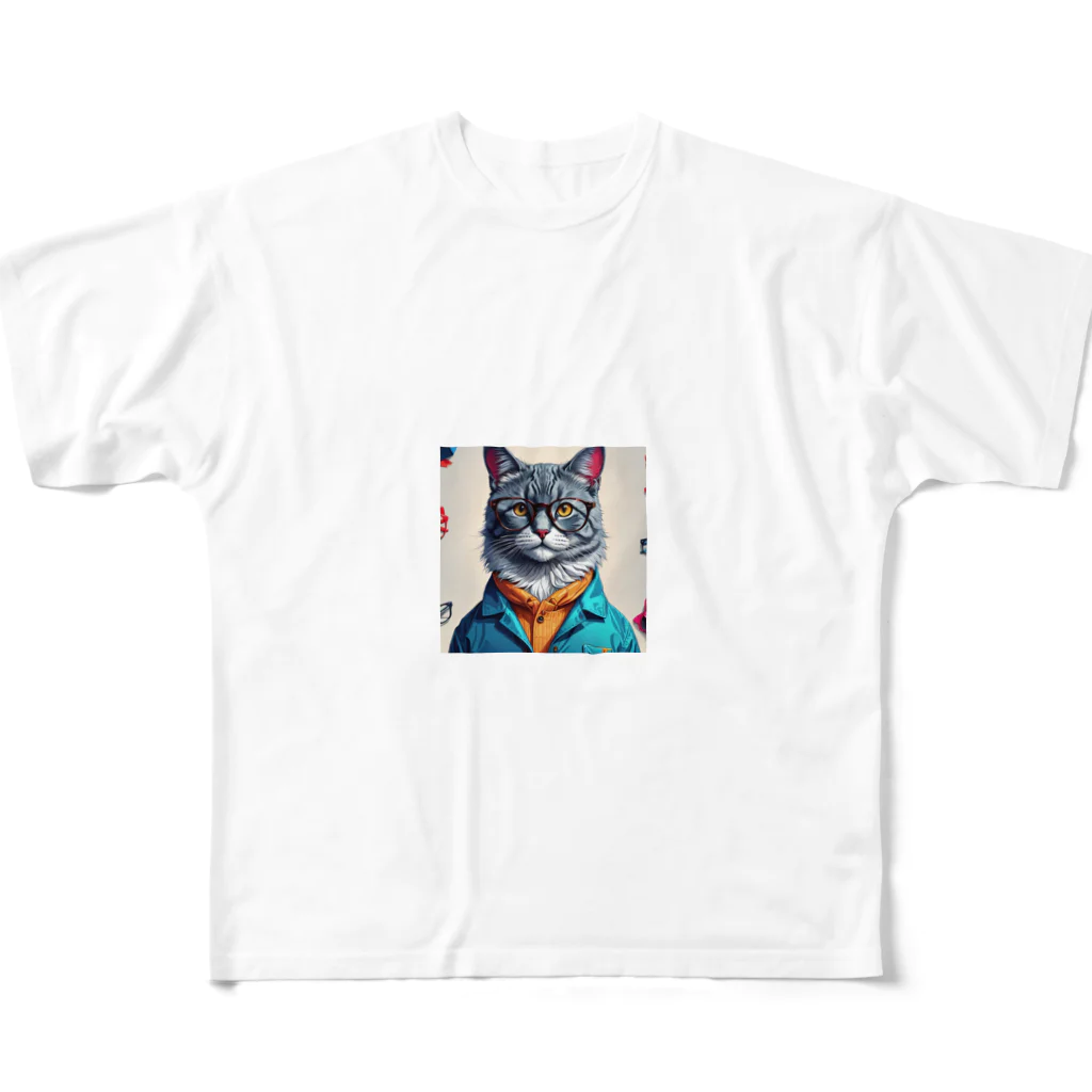 Kobayashi Kayoの眼鏡をかけたオシャレな猫 フルグラフィックTシャツ