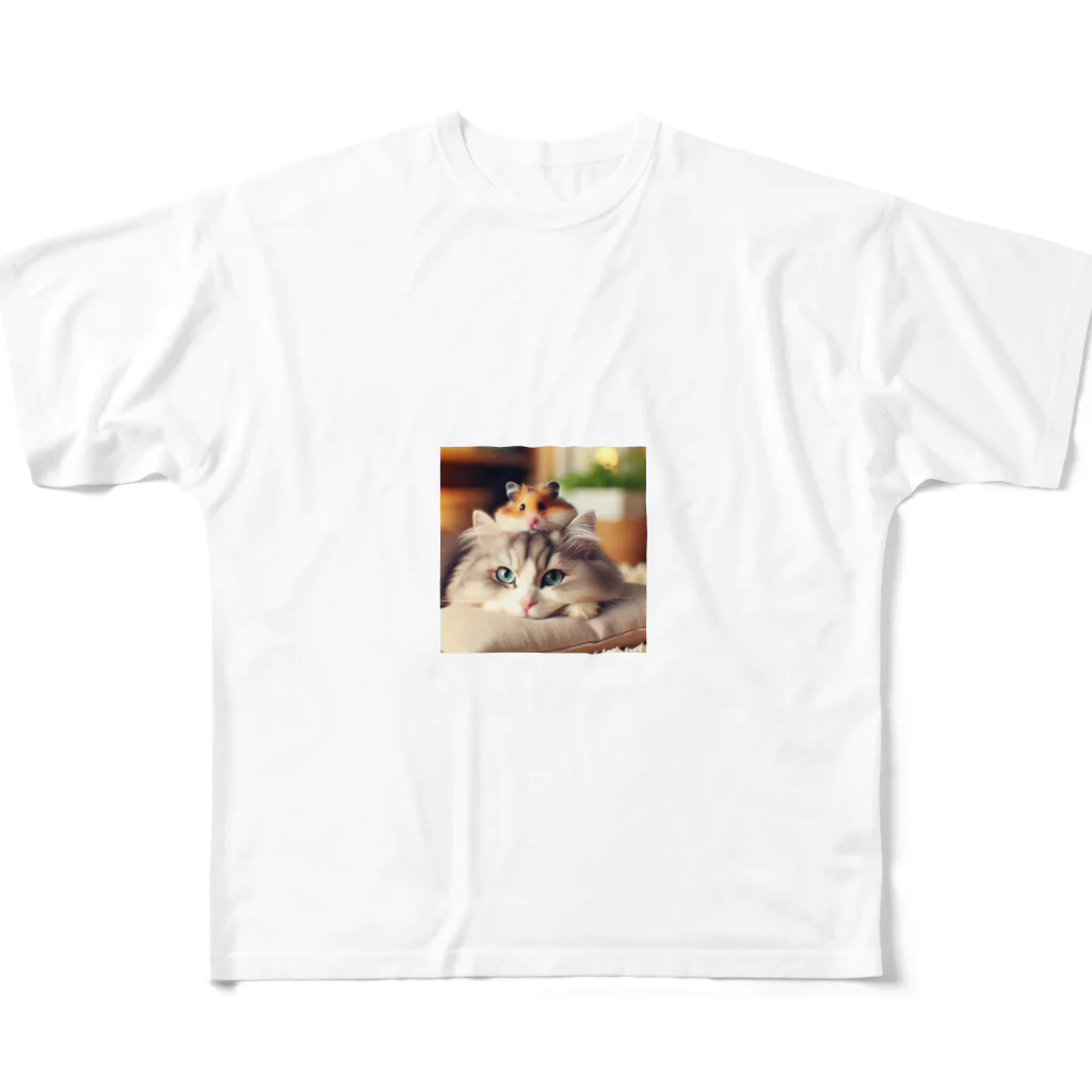 Cartoonの猫とハムスター仲良し All-Over Print T-Shirt