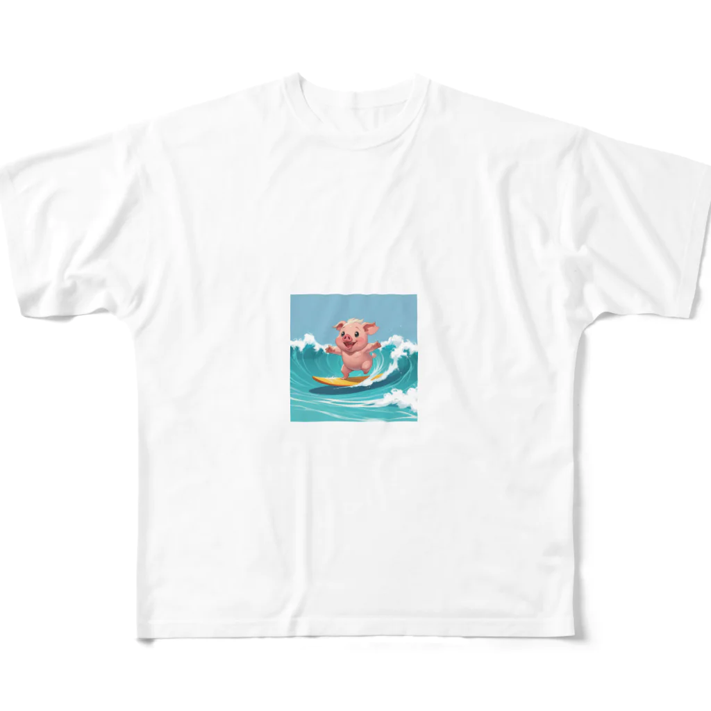 ganeshaのかわいいブタのサーフィンウェーブ All-Over Print T-Shirt