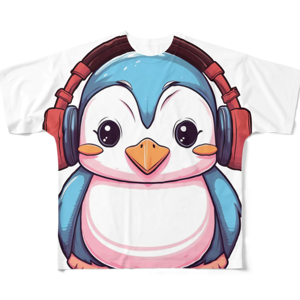 Vasetti_pressの赤いヘッドホンを付けているペンギン フルグラフィックTシャツ