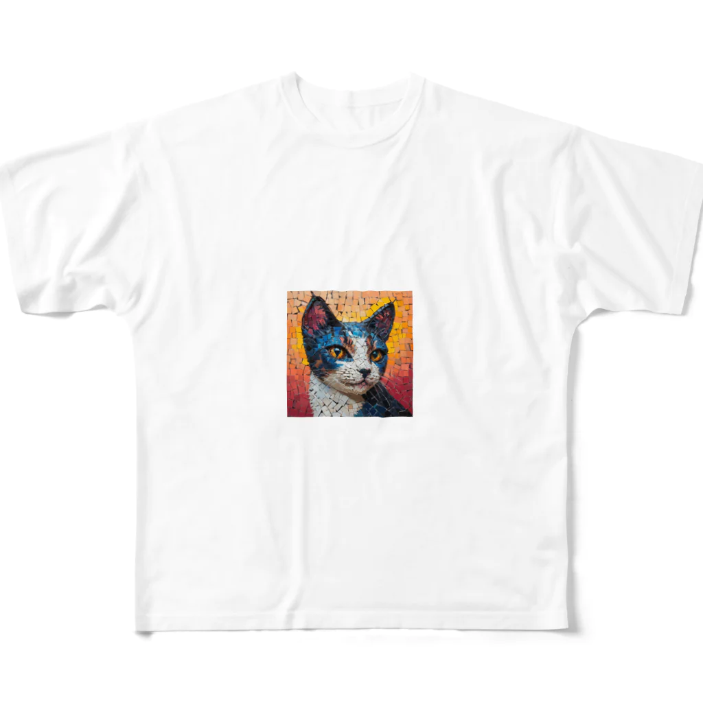 TubuTechのモザイク ブルーキャット フルグラフィックTシャツ