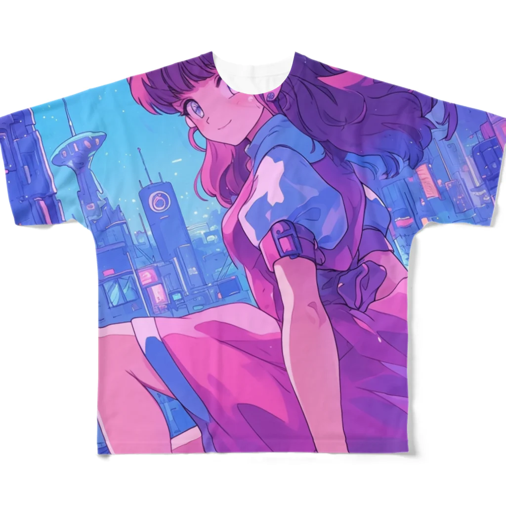 シロクマペンギンの昭和レトロアニメ風近未来ガール All-Over Print T-Shirt