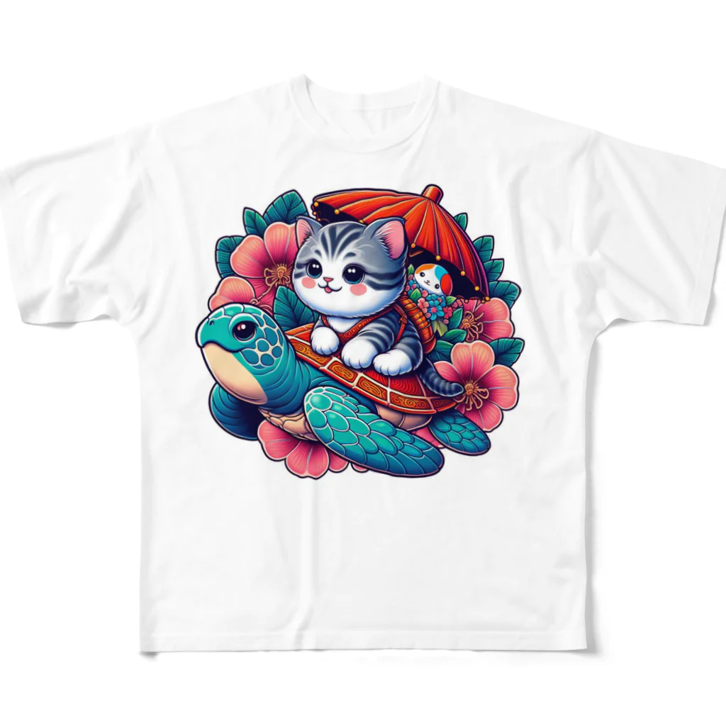 SOU＆SOUの亀乗り子猫 All-Over Print T-Shirt