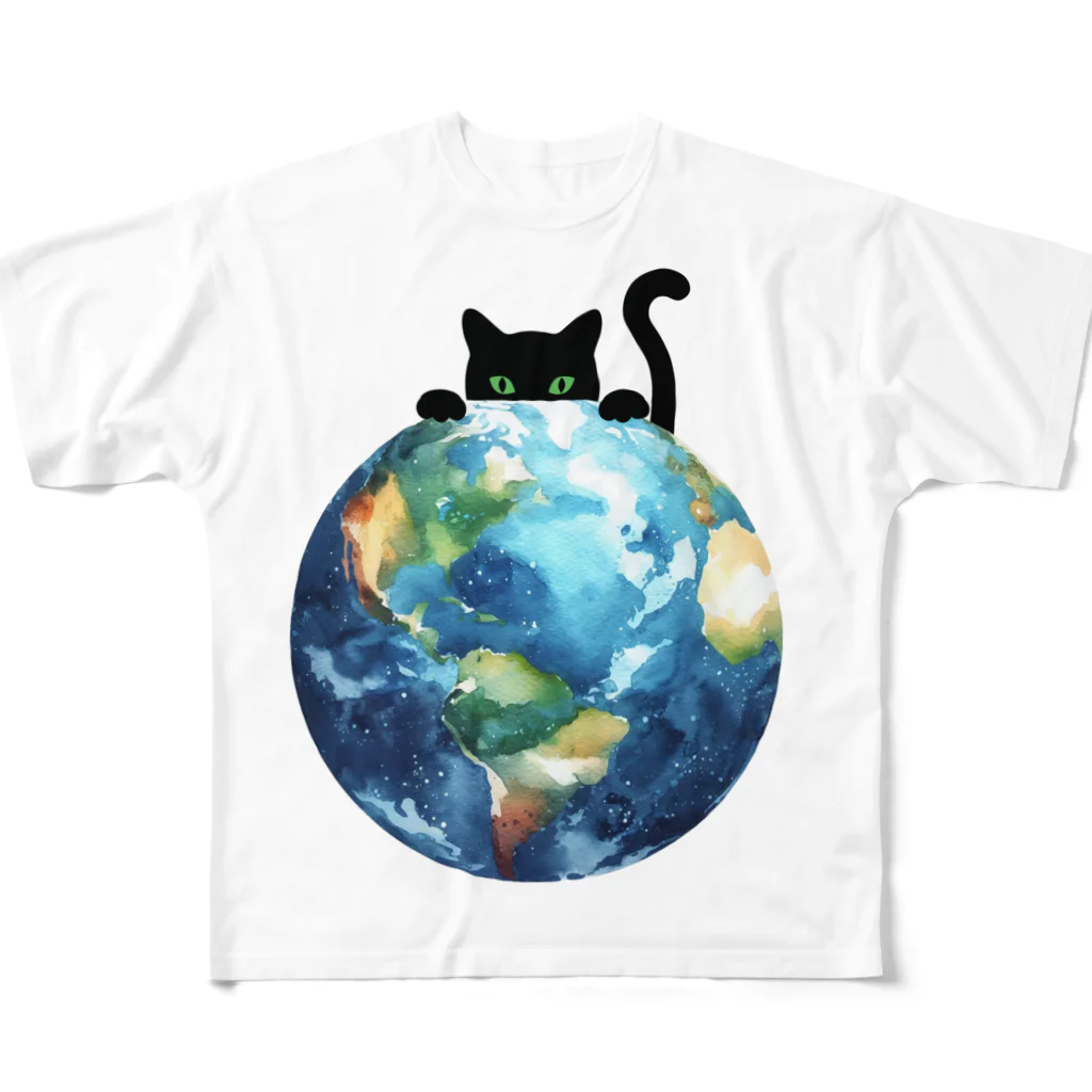 amecatsの地球と黒猫 フルグラフィックTシャツ