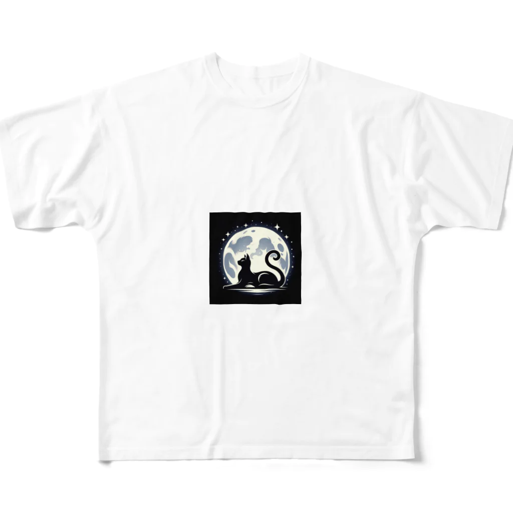 CatCraftsの【Cat's Moonlight Stretch】- 月夜の猫シルエット All-Over Print T-Shirt