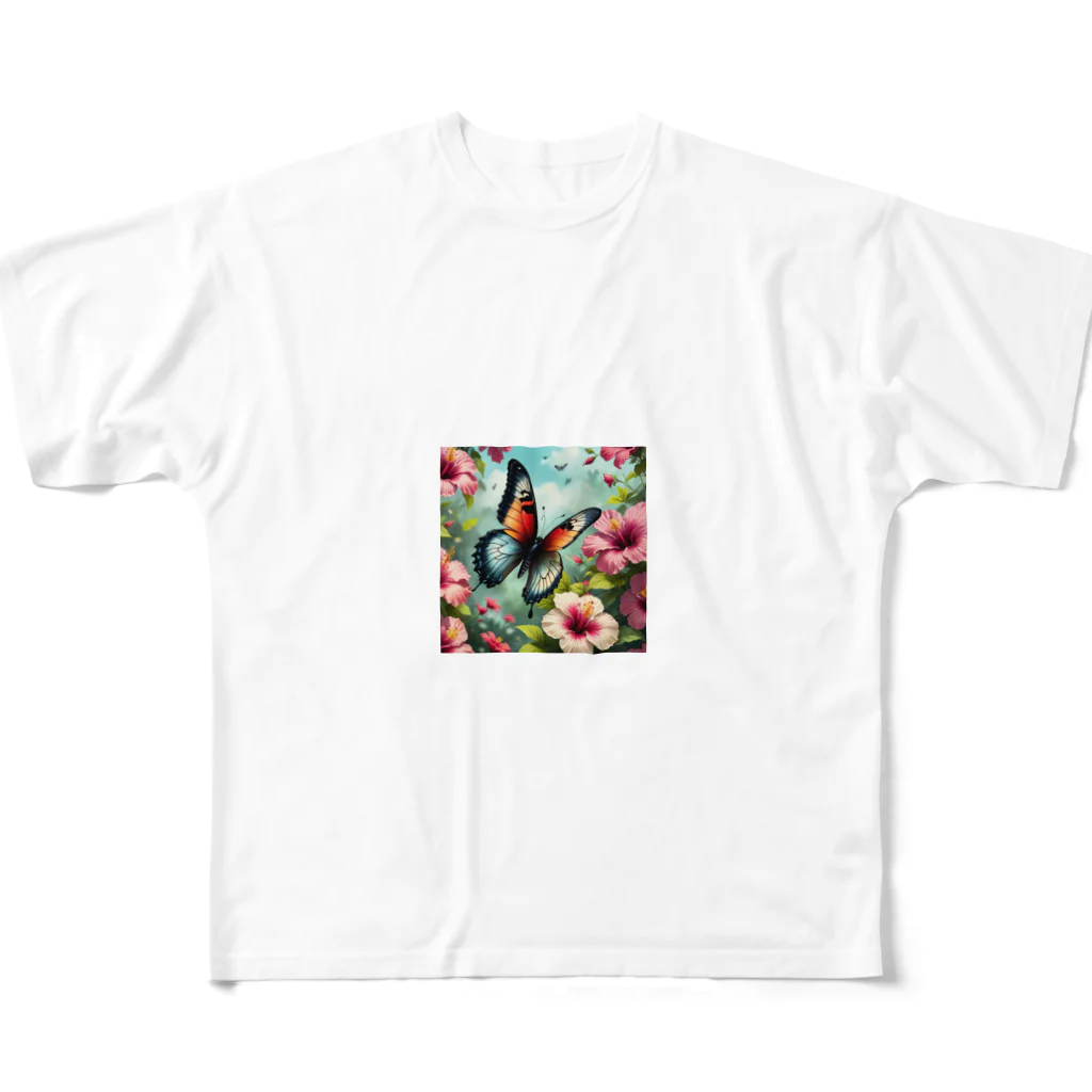 Sunbathingのハイビスカスと共に夏の風を感じる蝶 All-Over Print T-Shirt