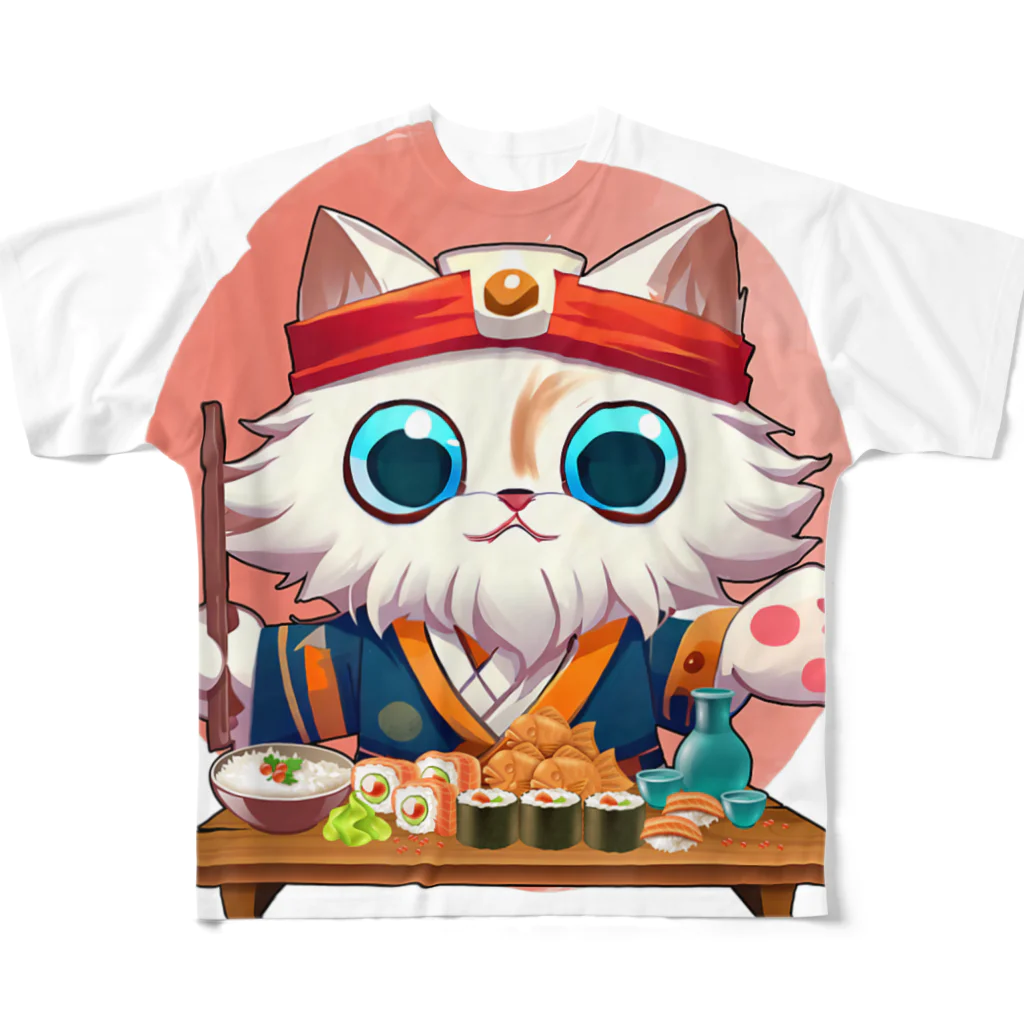 World_Teesの猫 寿司 食べる 可愛い 動物 ペット 日本 食べ物 猫 シェフ フルグラフィックTシャツ