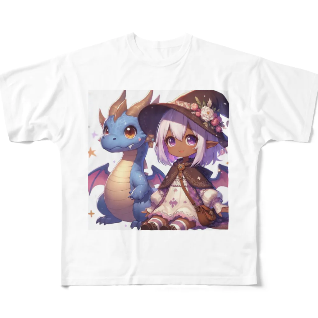 ピクセルパレットのドラゴンと可愛い女の子3 フルグラフィックTシャツ